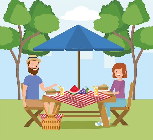 Vettore uomo e donna con ricreazione divertente di picnic