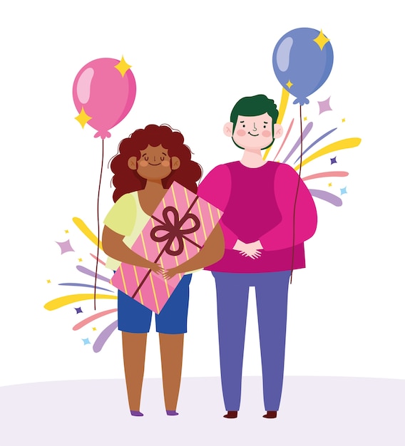 Man and woman with gift box and balloon cartoon vector illustration