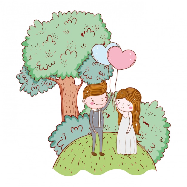 男と女の心臓バルーンと木