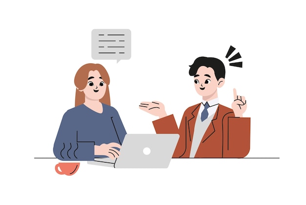Man and woman with laptop talking and working in office. Teamwork concept. Flat drawn style vector d