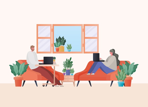 Vector man and woman with laptop working on orange couch design of work from home theme