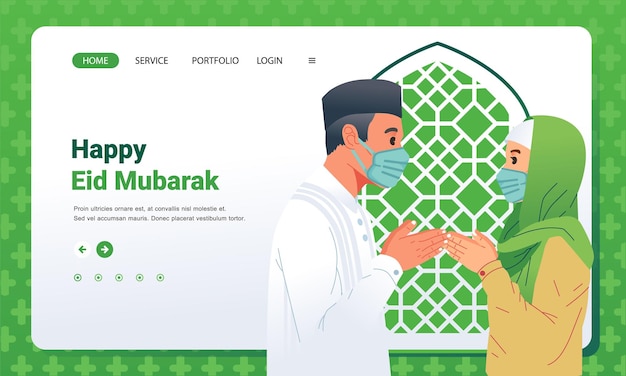 Man woman with mask pandemic forgive each other at ramadhan eid mubarak day banner landing page