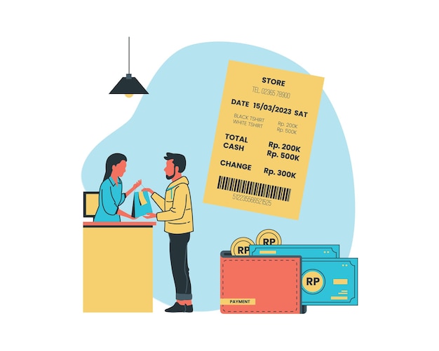 Man and woman with receipt and credit card Flat vector illustration for contactless payment concept