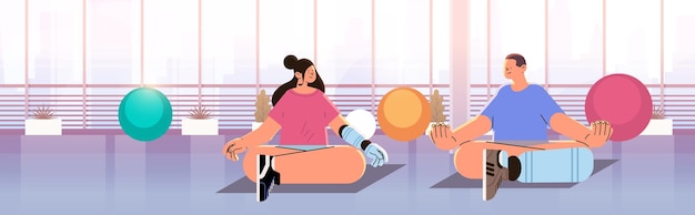 Uomo donna con impianti robotici sostituiti o parti del corpo protesiche seduta posa del loto lezione di yoga per disabili ripristino del normale funzionamento concetto di persone con disabilità illustrazione vettoriale orizzontale