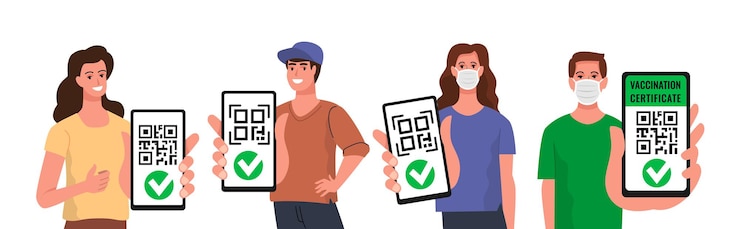 Vector man and woman with smartphone qr code vector. vaccinated digital certificate passport.on device screen.