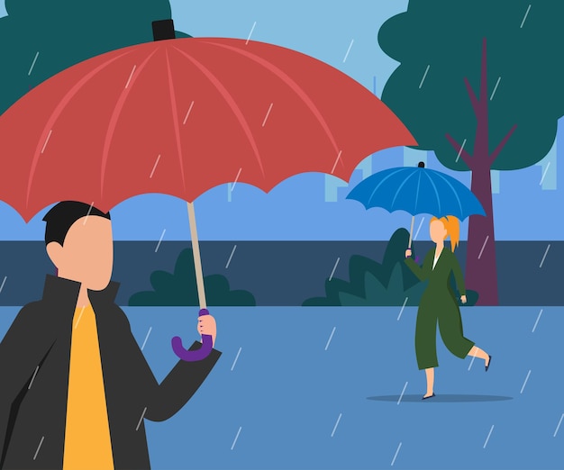 Vector man and woman with umbrella in the rain