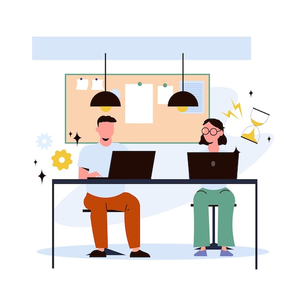 Man and woman working at the computer Vector illustration in flat style