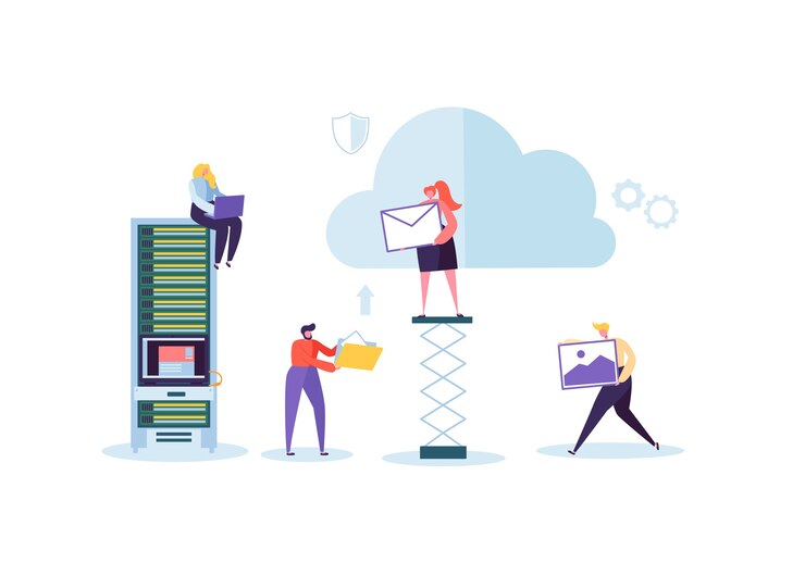 Vector man and woman working together sharing data information transfer folders