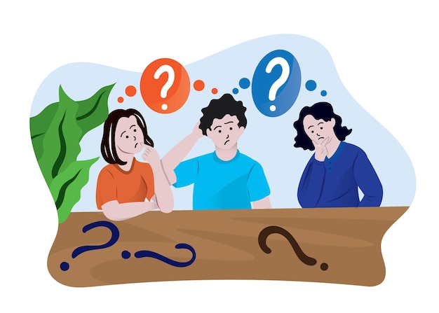 Man and women in doubt thinking with question marks confused man flat people cartoon touching chin