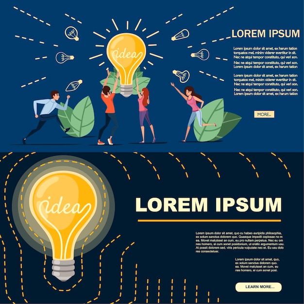 Uomo e donne e lampada ad incandescenza giallo retro lampadina con illustrazione vettoriale di concetto di idea su sfondo scuro personaggio dei cartoni animati design banner orizzontale.