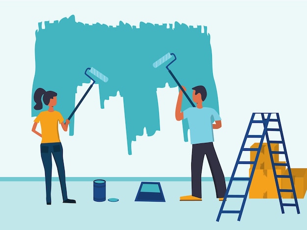 Vector man and women painting wall. vector illustration in ''home repair'' or ''home renovation'' theme