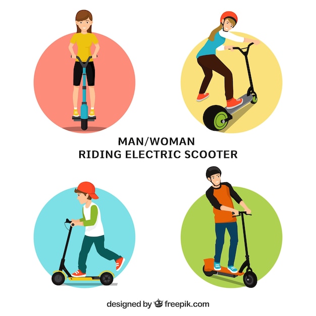 Vector man and women riding electric scooter