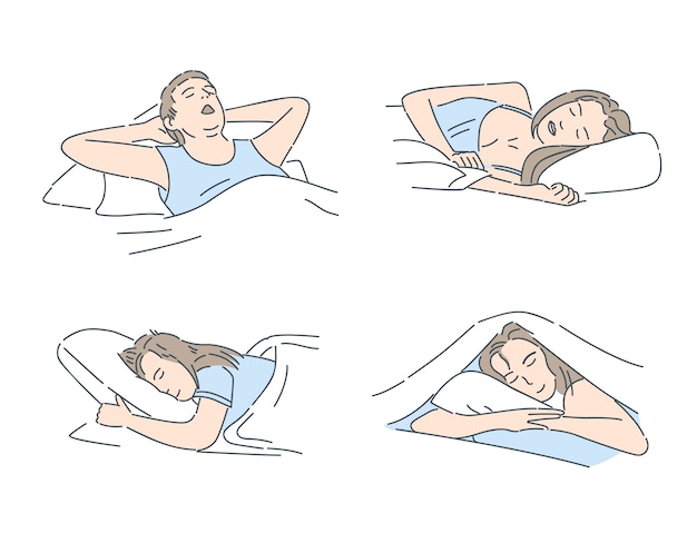 Man and women sleeping in bed cartoon illustration. sleeping peacefully, relax and sweet dreams concept.