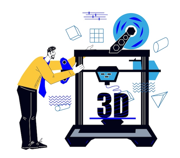 Man wordt afgedrukt op een 3D-printer platte vectorillustratie geïsoleerd op wit