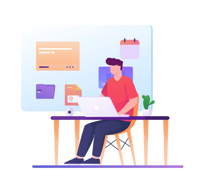 Vector man work on desk schedule illustration