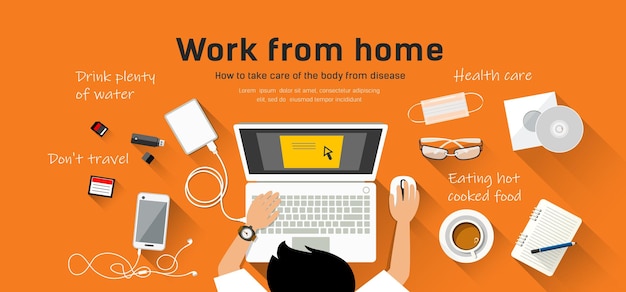 Man work from home desk top view design orange background