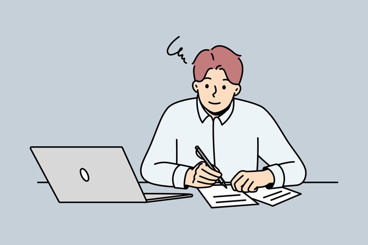 Vector 노트북 작업을 하는 남자는 종이에 메모를 합니다.