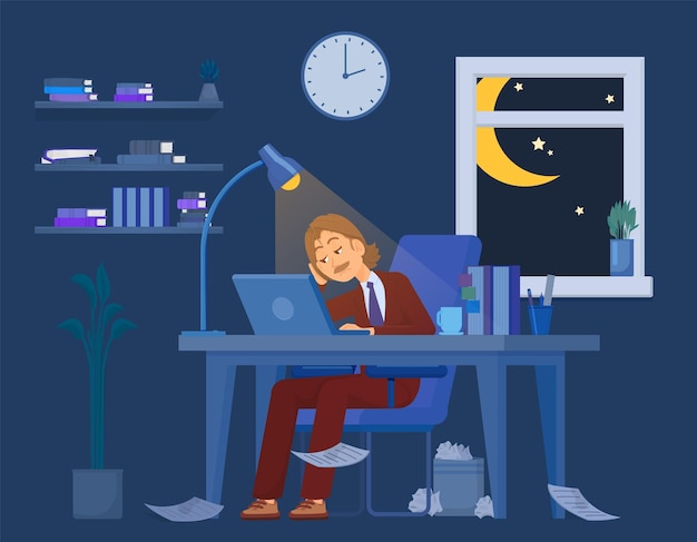 Vector man work at night tired businessman or freelance worker working with computer in dark room funny cartoon manager exhausted decent vector male