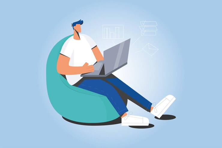 Vector man work online on computer at home office