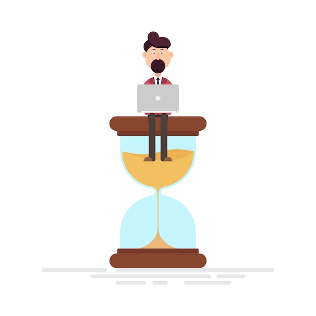 Man worker sitting on an hourglass  illustration