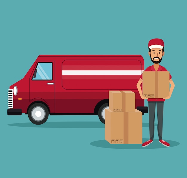 Vector man worker with packages and truck fast delivery