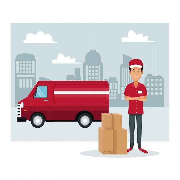 Man worker with packages and truck fast delivery
