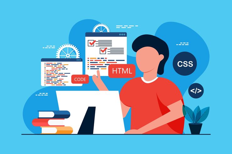 Vector man working as programmer writing code using laptop website developer coding software on computer