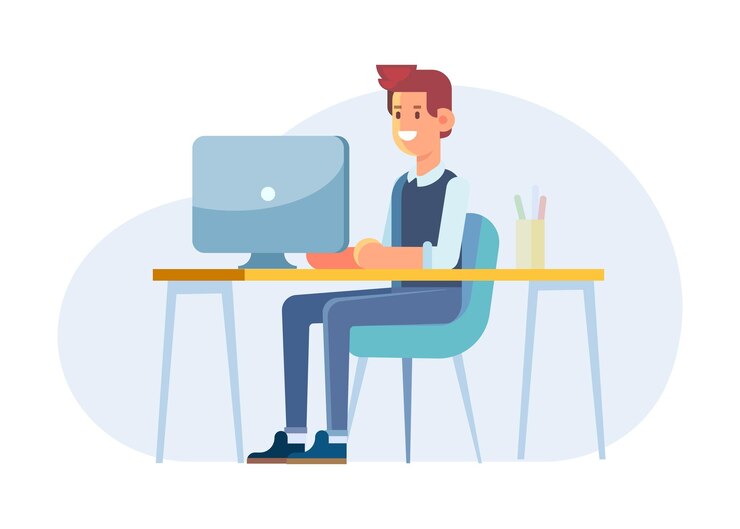 Vector man working computer flat vector illustration
