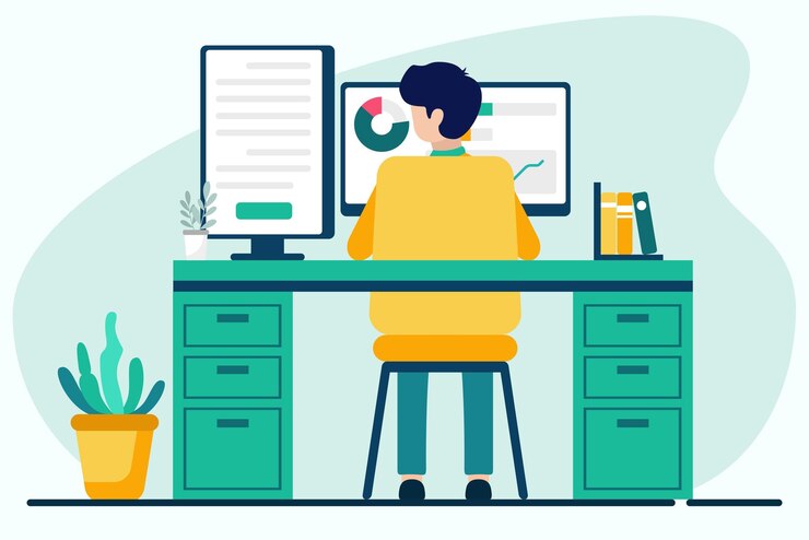 Vector man working on computer at home office vector illustration in flat style