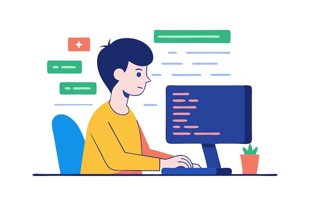 man working on a computer symbolizing coding programming and technology in vector illustration