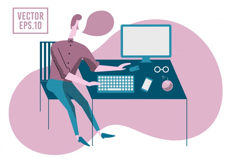 Vector man working on the computer. vector illustration. office work theme.