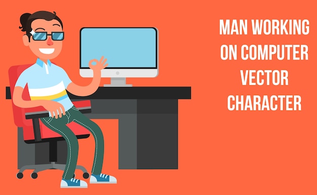 Vector man working on computer vector illustration