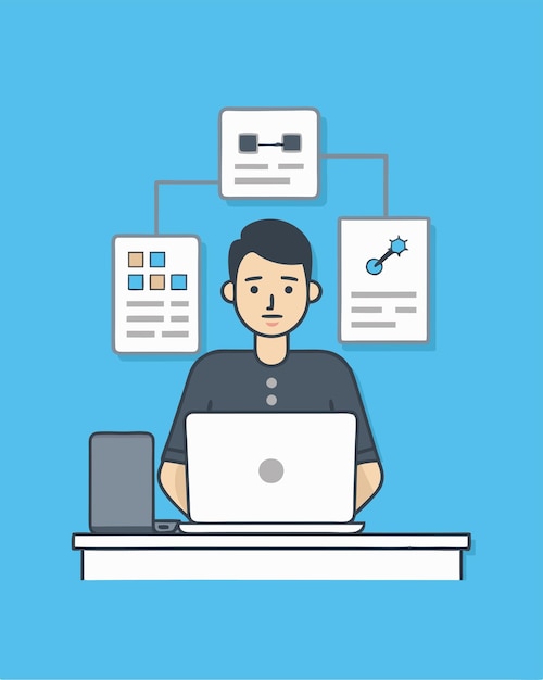 その上で働いている男性と青い背景のコンピューターで働いている男性
