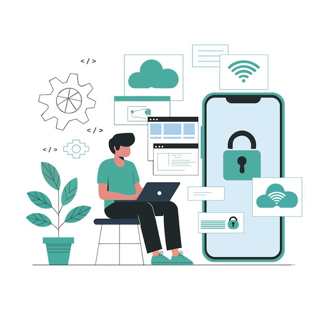 Man Working on Cybersecurity Systems and Data Protection Illustration Design