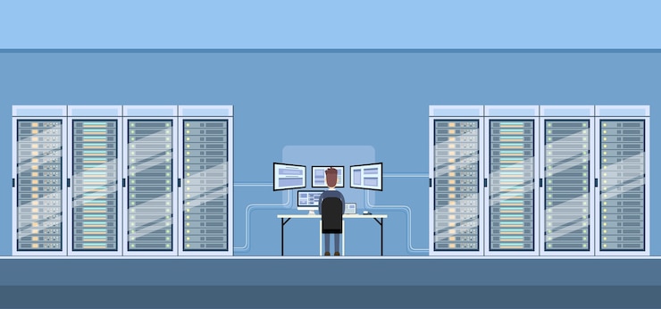Vector man working data center technical room 