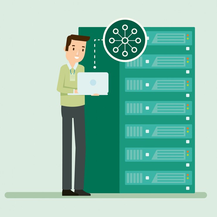 Vector man working at data center