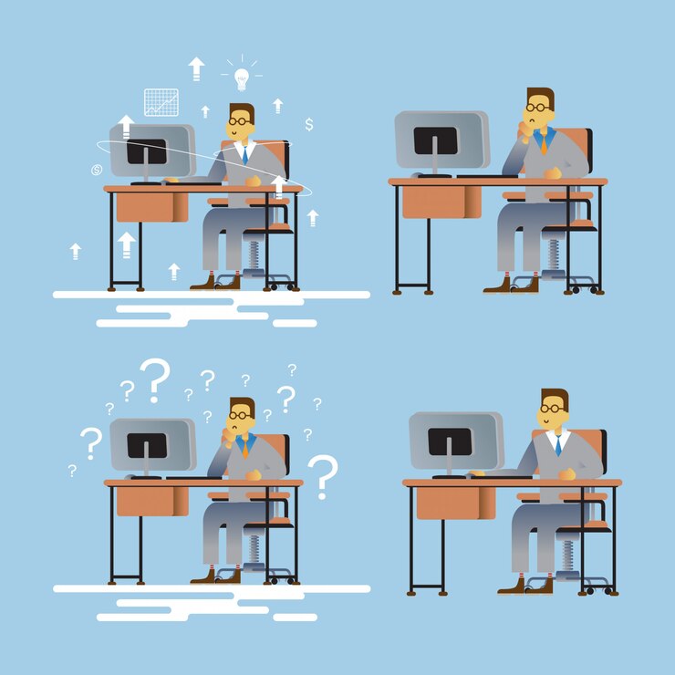 Vector man working on desk set