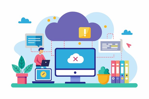 man working at desk with computer solving problems with cloud computer errors simple and minimalist flat vector illustration
