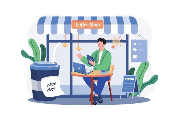 Vector man working from a cafe illustration concept a flat illustration isolated on white background