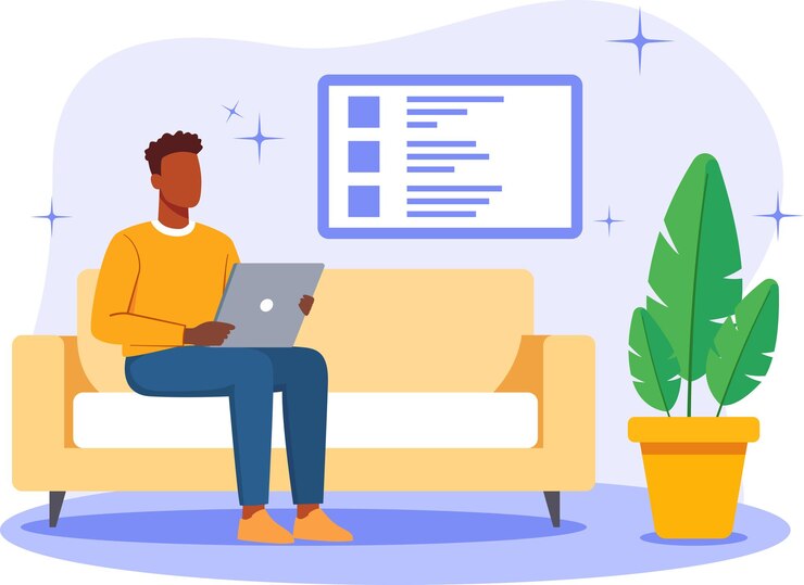 Vector man working from home with laptop on sofa remote work flat illustration for online job freelancer