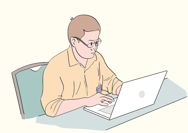 A man working in front of a laptop Hand drawn illustration style