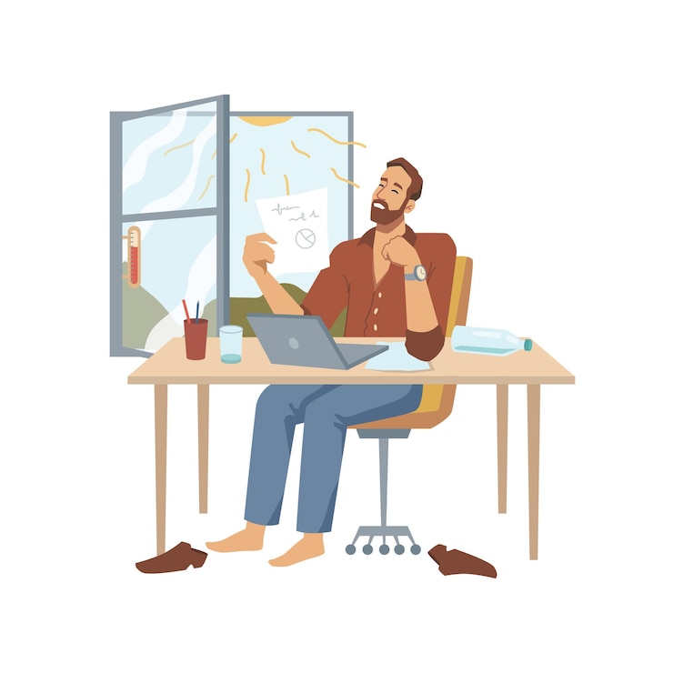 Vector man working in heat in office with open window