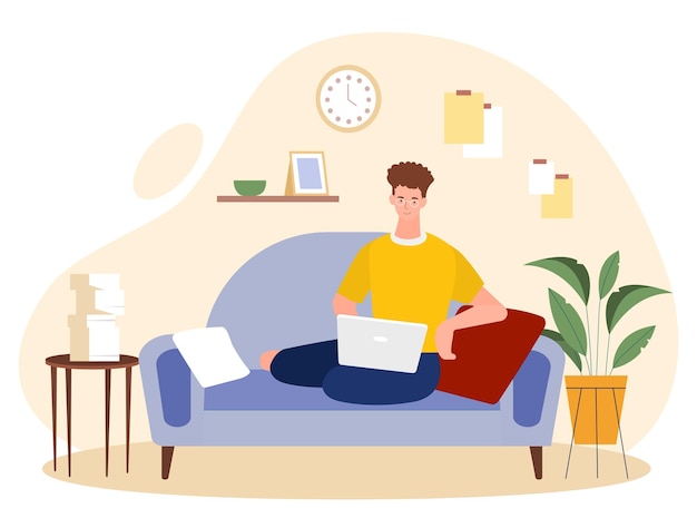 Vector man working at home freelancer free schedule modern technologies remote employee man sitting on sofa