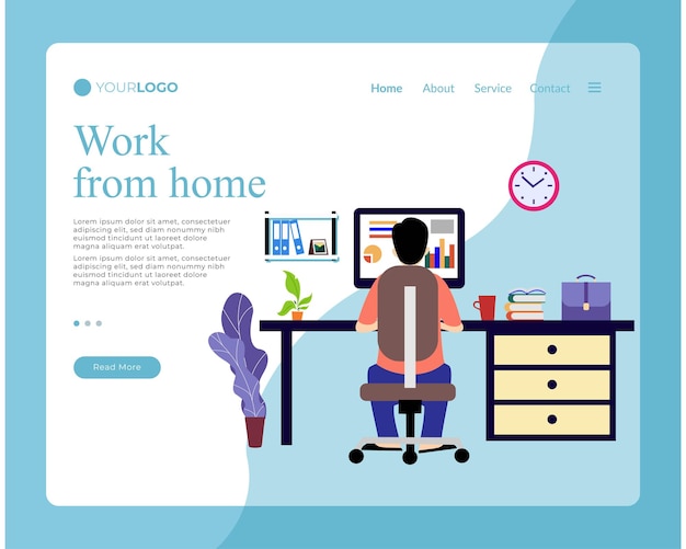 Vector man working at home freelancer man working at computer from his home office landing page website
