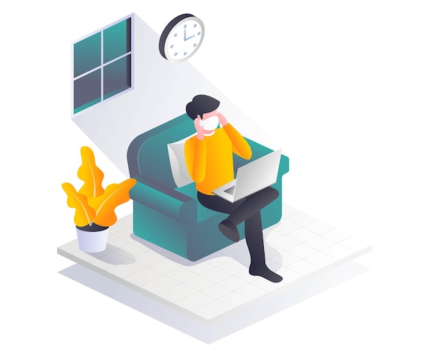 Man working at home  wearing a mask in isometric illustration