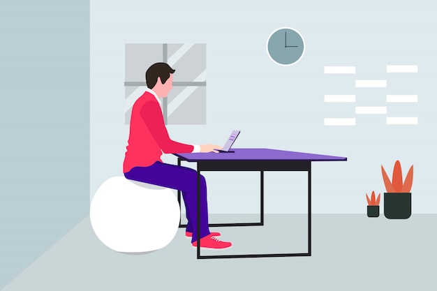 Vector man working at home with laptop  illustration,premium