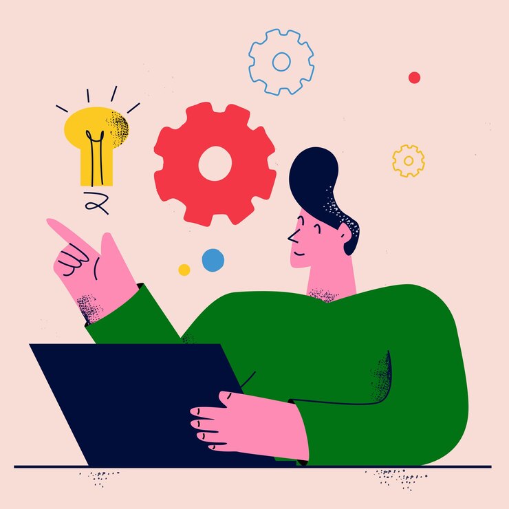 Vector man working on laptop freelance job creative work online work brainstorming and ideas