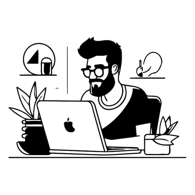 Man working on laptop at home Freelance remote work concept Vector illustration