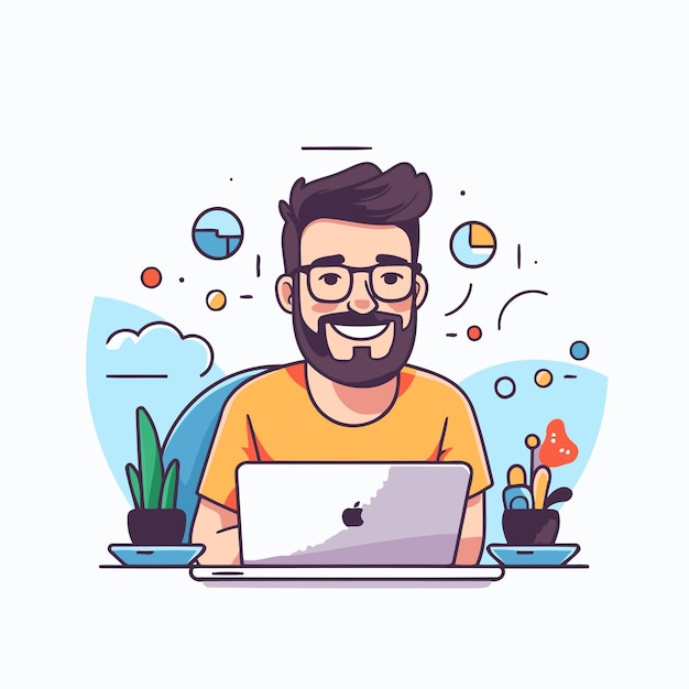 Man working on laptop at home Vector illustration in cartoon style
