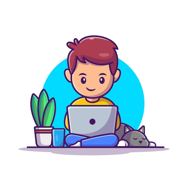 Man Working On Laptop Illustration. Work From Home Mascot Cartoon Character. People Isolated